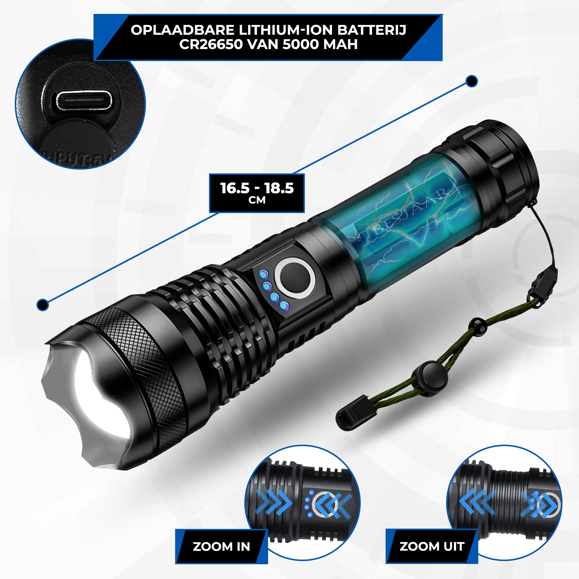 Besjaar zaklamp led oplaadbaar met 5200mAh Batterij - 4000 Lumen - USB-C Oplaadbaar - Waterproof IP65