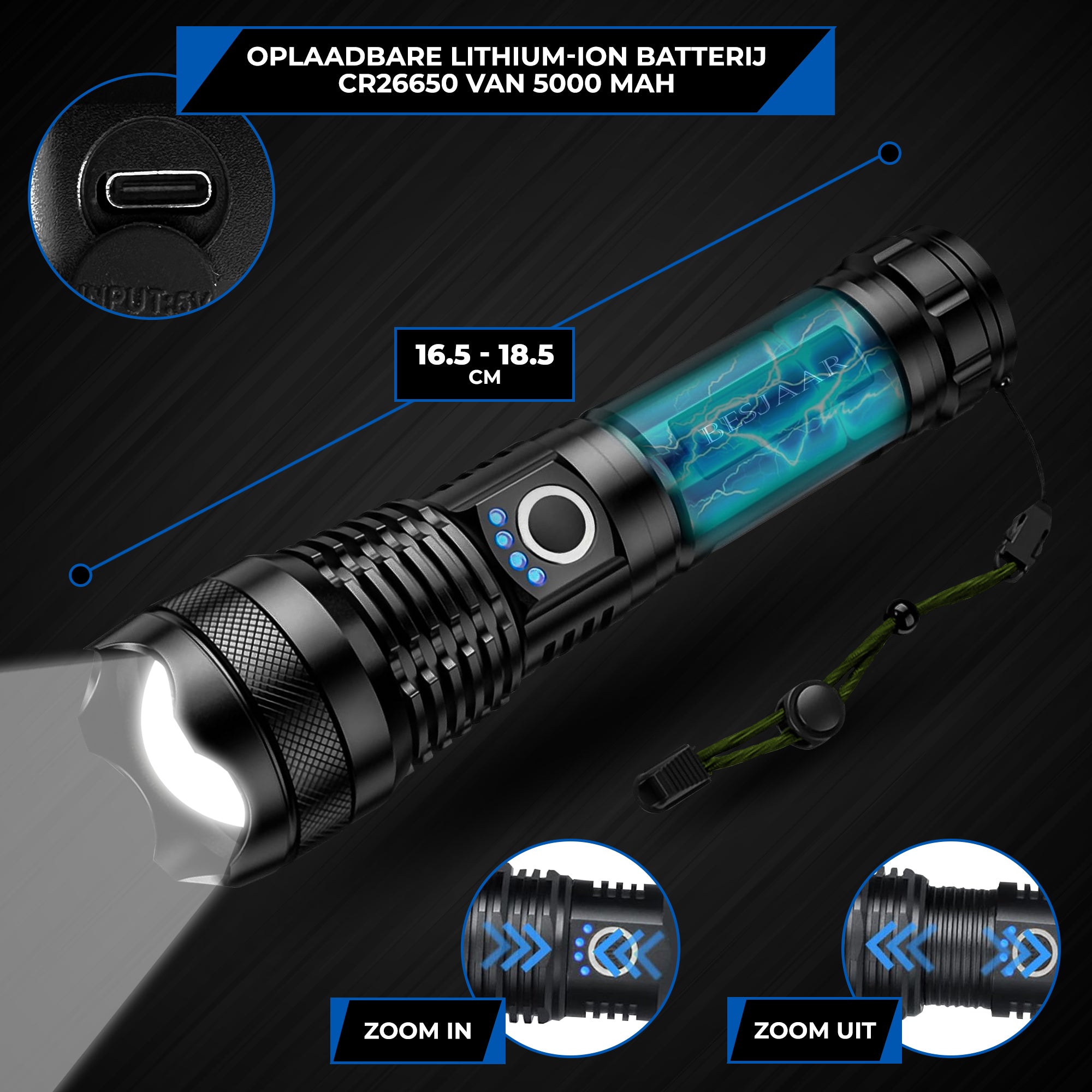 Besjaar zaklamp led oplaadbaar met 5200mAh Batterij - 4000 Lumen - USB-C Oplaadbaar - Waterproof IP65