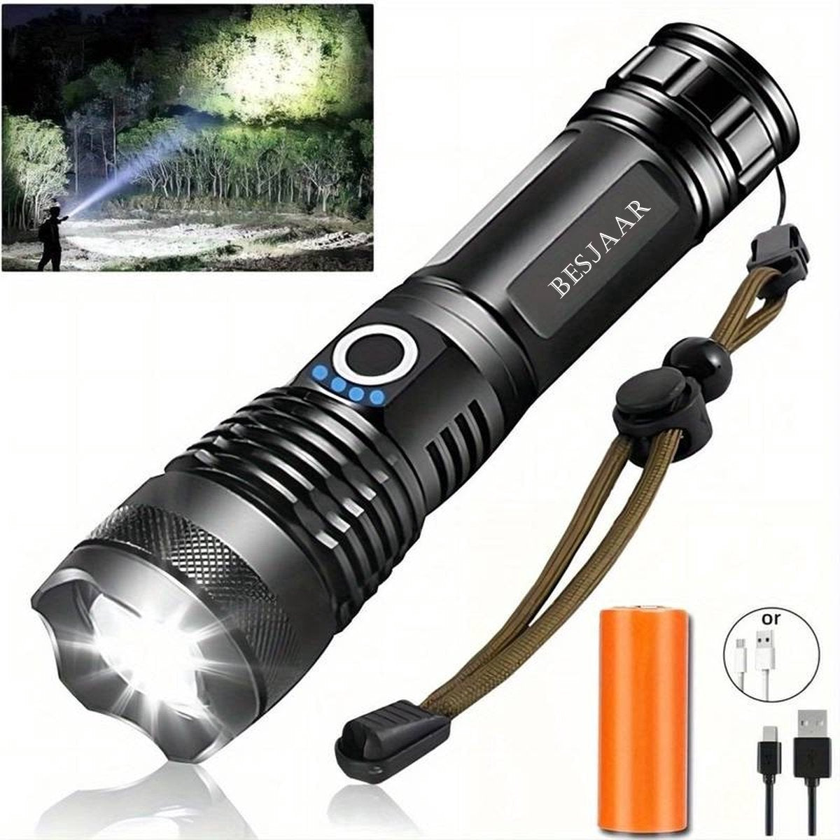 Besjaar zaklamp led oplaadbaar met 5200mAh Batterij - 4000 Lumen - USB-C Oplaadbaar - Waterproof IP65