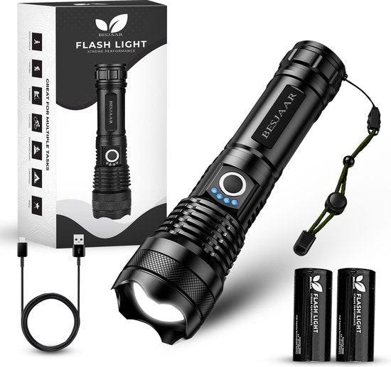 Besjaar zaklamp led oplaadbaar met 2x 5000mAh Batterij - 5000 Lumen - USB-C Oplaadbaar - Waterproof IP65