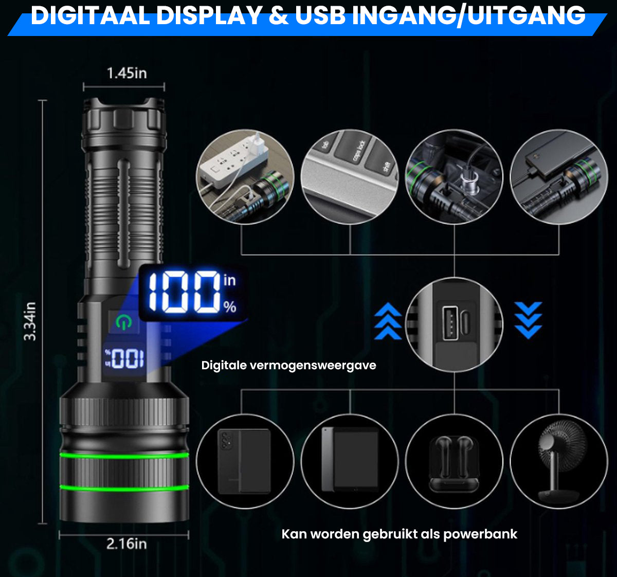 Besjaar zaklamp led oplaadbaar met 5200mAh Batterij - USB-C Oplaadbaar - Waterproof IP65