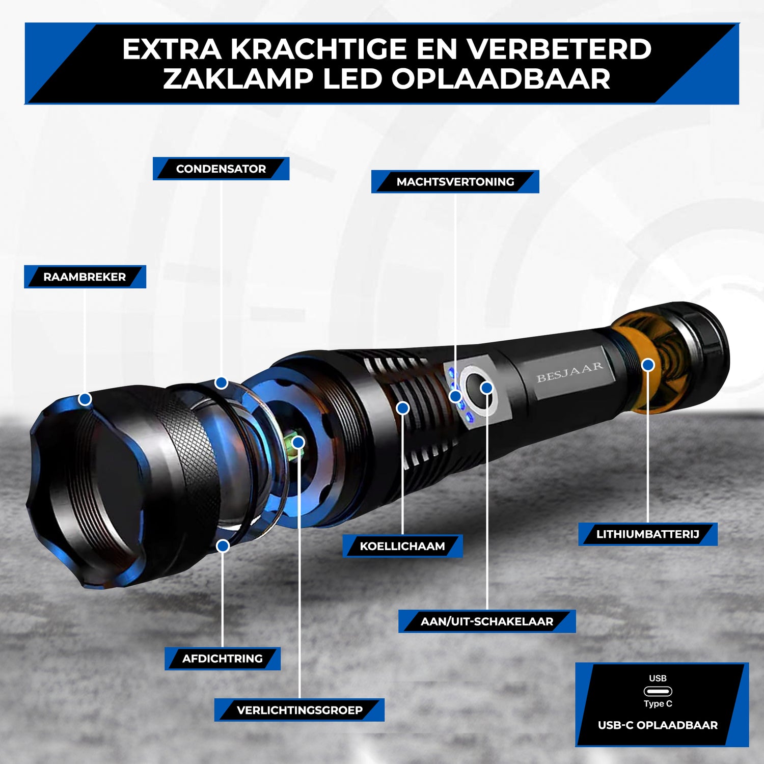 Besjaar zaklamp led oplaadbaar met 5200mAh Batterij - 4000 Lumen - USB-C Oplaadbaar - Waterproof IP65