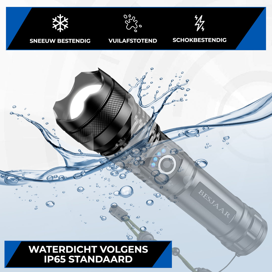 Besjaar zaklamp led oplaadbaar met 2x 5000mAh Batterij - 5000 Lumen - USB-C Oplaadbaar - Waterproof IP65