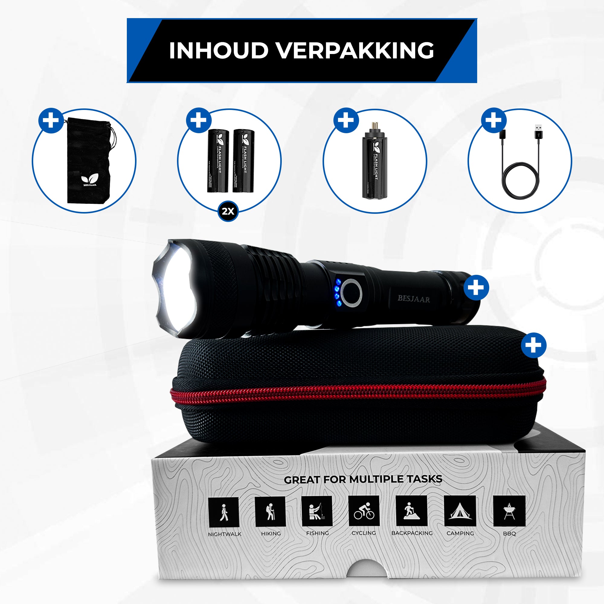 Besjaar zaklamp led oplaadbaar met 5200mAh Batterij - 4000 Lumen - USB-C Oplaadbaar - Waterproof IP65